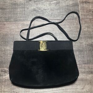 Salvatore Ferragamo Vara Bow Black Suede Crossbody Bag with Gold Accent